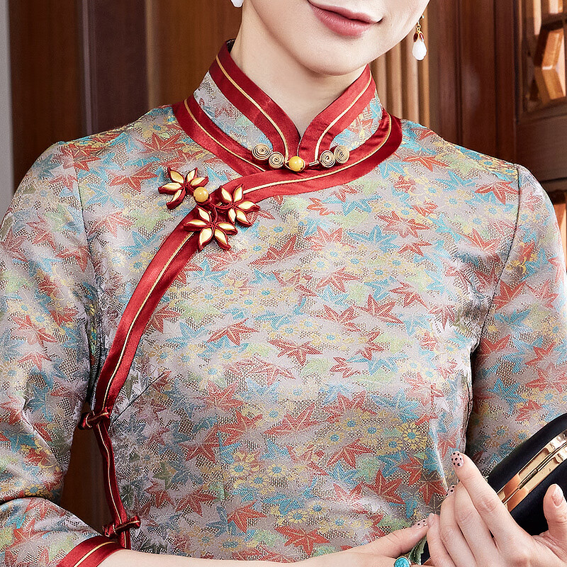 Xiyue Chinese style traditional intangible cultural heritage Song brocade mulberry silk cheongsam dress high-end handmade banquet evening dress Autumn New Year picture color XL (weight 115~125)