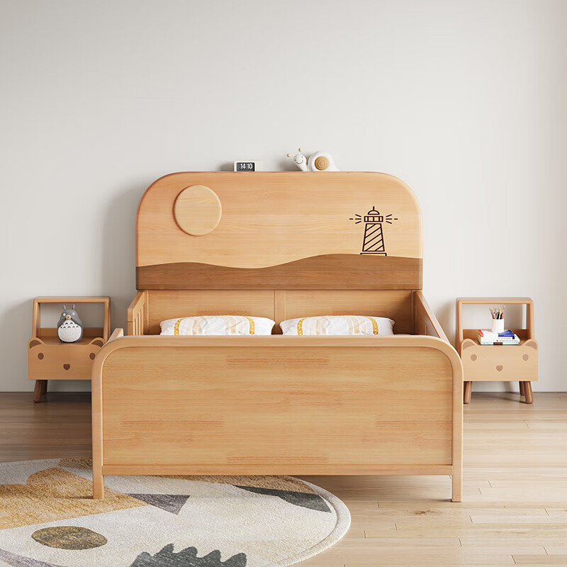 Door-to-door solid wood children's bed with guardrails solid wood children's bed with guardrails 1.2 meters for boys and girls solid wood color 1.5 meters 1.35 all solid wood double side guardrail bed + 10cm soft and hard 1200*2000
