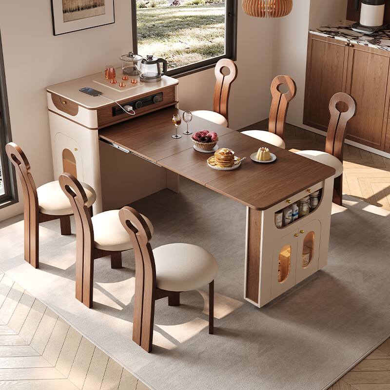 Linrui Zhong antique style sideboard island dining table integrated household retractable folding small apartment retro bar inverted dining table 1.8 meters retractable island dining table cabinet white + island tea stove + 2 chairs