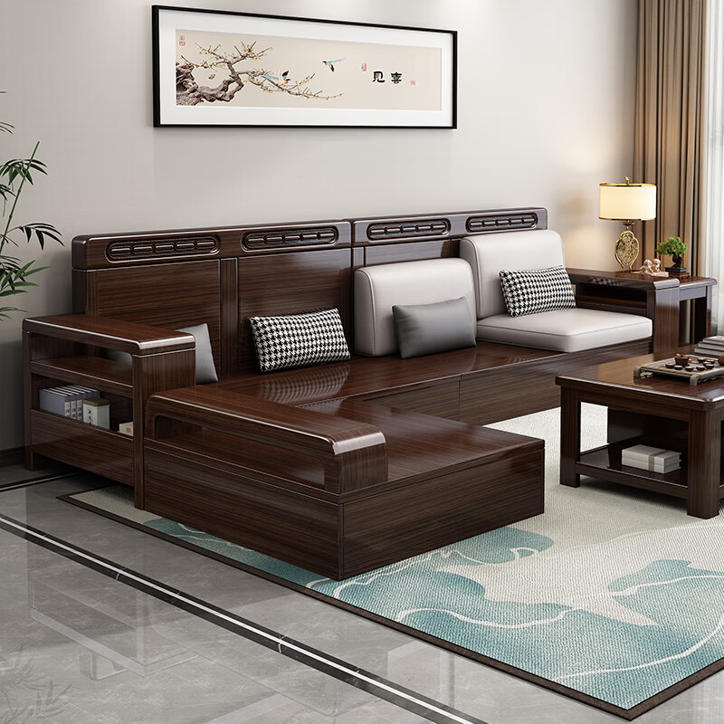 Jinmusen purple gold sandalwood solid wood sofa living room 2025 new modern new Chinese style small apartment winter and summer dual-use storage furniture five-seater + coffee table + middle box