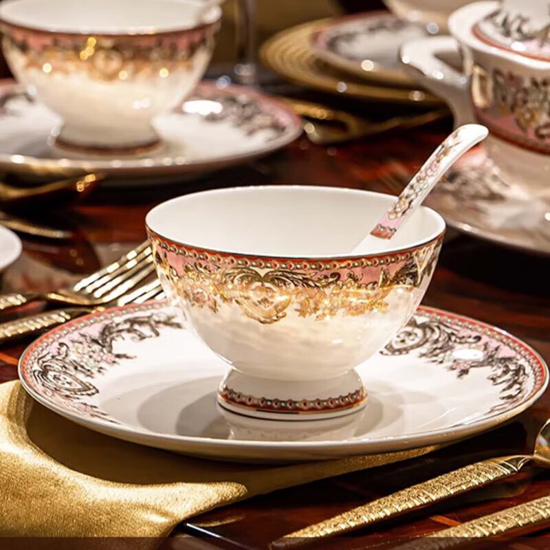 Manyuan Chinese light luxury tableware set, high-looking Jingdezhen bone china gold-rimmed dishes, home-style ceramic bowls, My Heart Will Go On, luxury 10-person configuration, 62-piece set