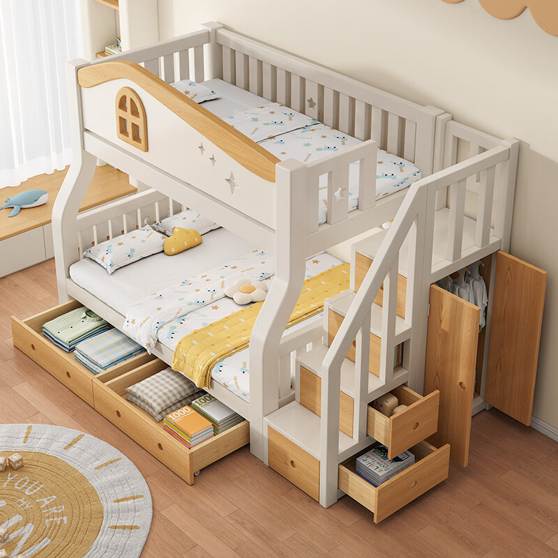 St. Burton all solid wood bunk bed, adult high and low bunk bunk bed, upper and lower bunk bed, two-story wooden bed, small apartment children's bed, straight ladder type, upper 110 and lower 130 (cherry wood)