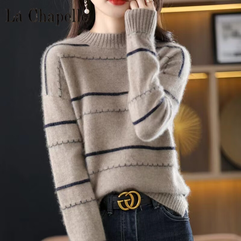 La Chapelle slim sweater women's half turtleneck striped knitted bottoming shirt autumn and winter thickened loose top spring pure 100 dynamic heating thick camel XL pure 100 dynamic heating