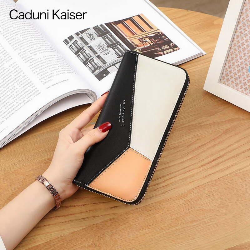 CADUNI KAISER cowhide women's wallet long simple and versatile large-capacity coin purse multi-card slot ticket holder multi-function wallet wallet black
