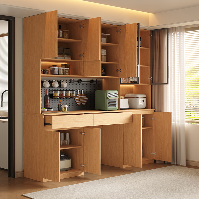 French poetry custom-made solid wood sideboard wine cabinet against the wall integrated dining table embedded oak tempered glass cupboard cabinet 2.0 meters long * 2.4 meters high (six-door sideboard) Perforated board and double-hole track socket are provided by default