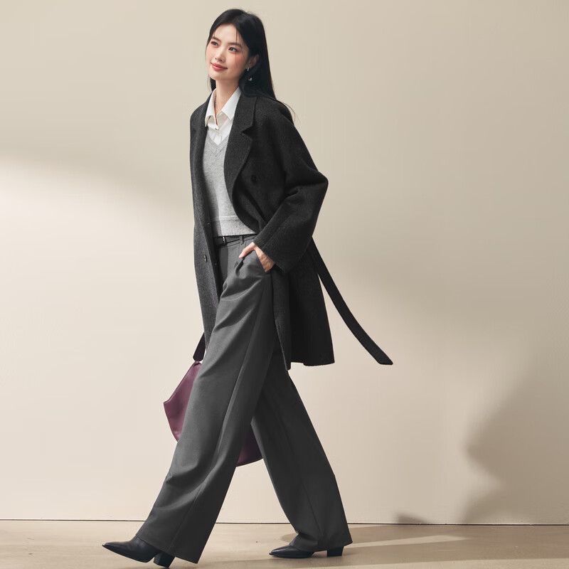 Eveli Jiang Xin word-of-mouth coat camel velvet silk double placket waist double-sided woolen coat women's autumn new style dark gray mid-length knee-length M