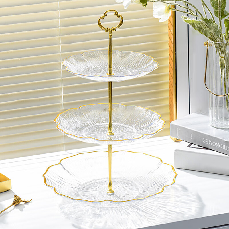 YIJUKE Metal Pole/3-layer Light Luxury Fruit Plate Living Room Coffee Table Snack Plate Candy Dried Fruit Snack Rack Dessert Tray