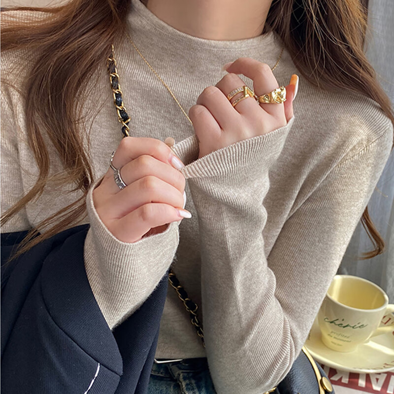 Bangboshi New Year Half Turtle Collar Bottoming Shirt for Women 2025 Autumn and Winter Temperament Solid Color Interior with Soft Skin Friendly Slim Long Sleeve Pin Bottoming Shirt Oatmeal Color Thick Style Suitable for 90-120 Jin One Size