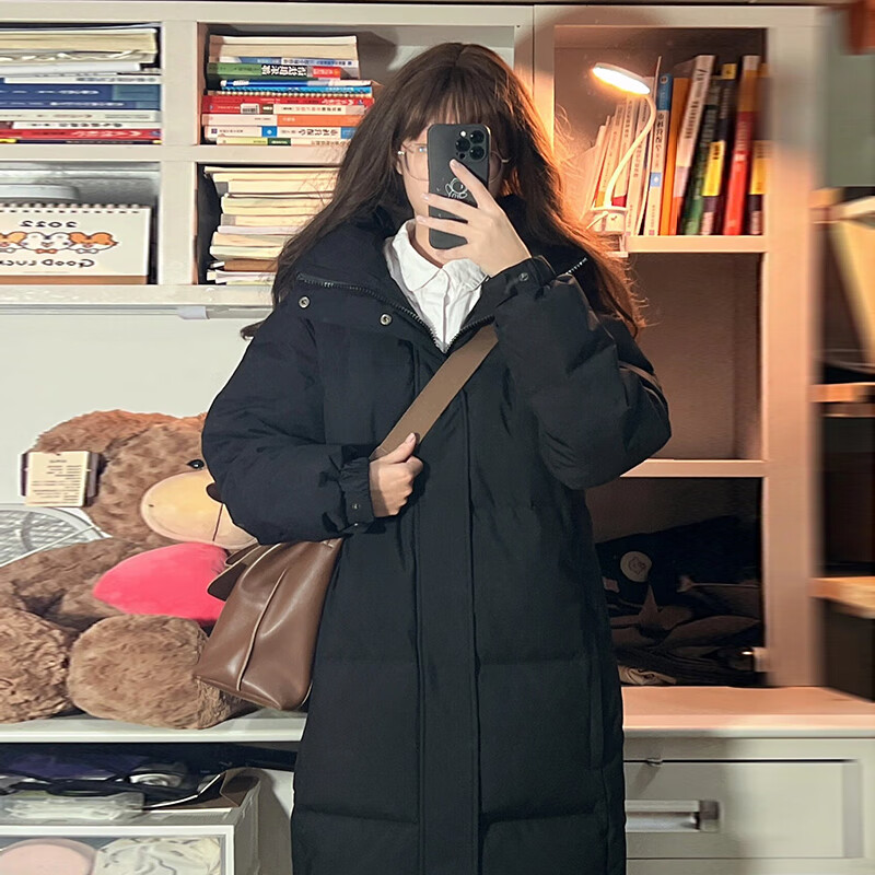 GARNUO Chinese drama same style down jacket for women mid-length knee-length hooded 2025 new winter white duck down thickened black jacket black S 80-100 catties