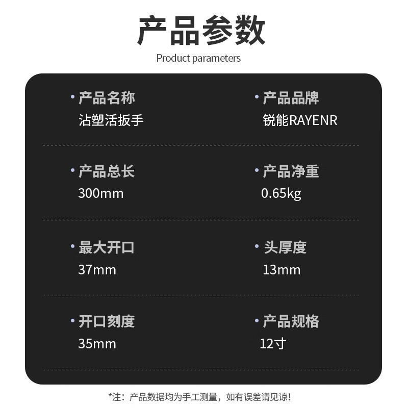 Ruineng plastic-coated adjustable wrench, universal live-mouth large open-end wrench, industrial-grade multi-functional 12-inch dual-purpose adjustable wrench