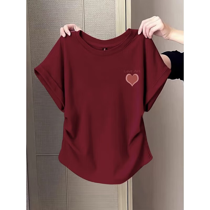 Waist slimming small flying sleeves t-shirt for women 2025 new summer bottoming shirt short-sleeved round neck curved hem top pink L recommended 101-120 catties