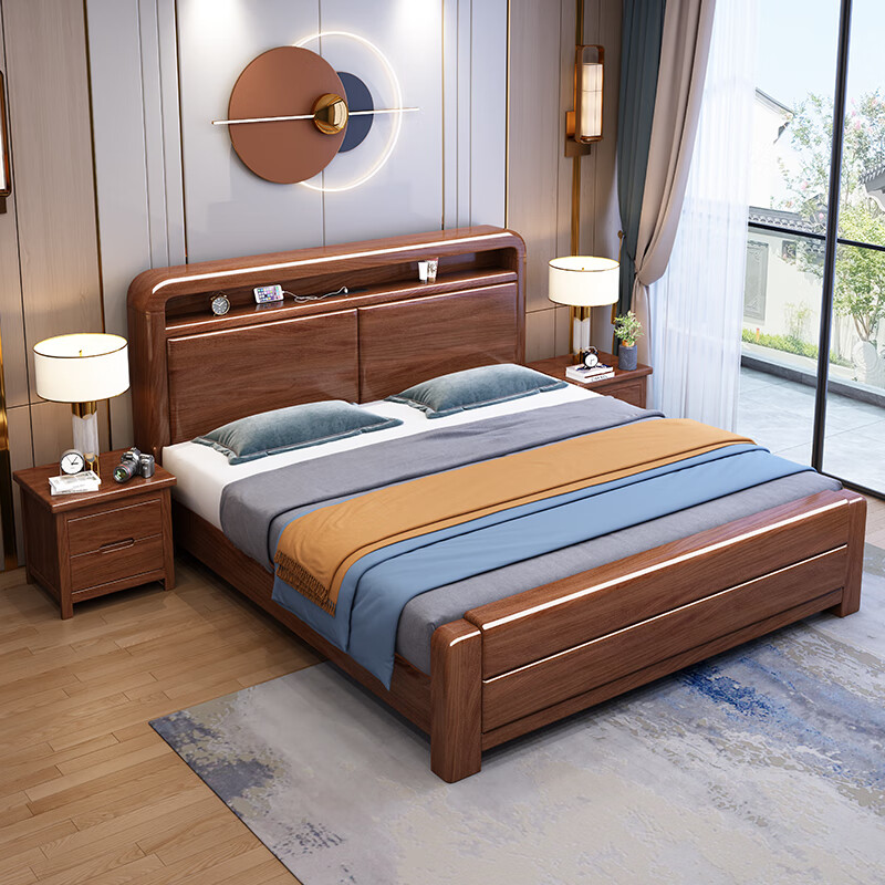 Maiyayue walnut new Chinese style solid wood 1.8m double bed master bedroom wedding bed solid wood bed simple modern 1.5m home bed walnut bed + latex brown cushion 1800*2000mm frame style