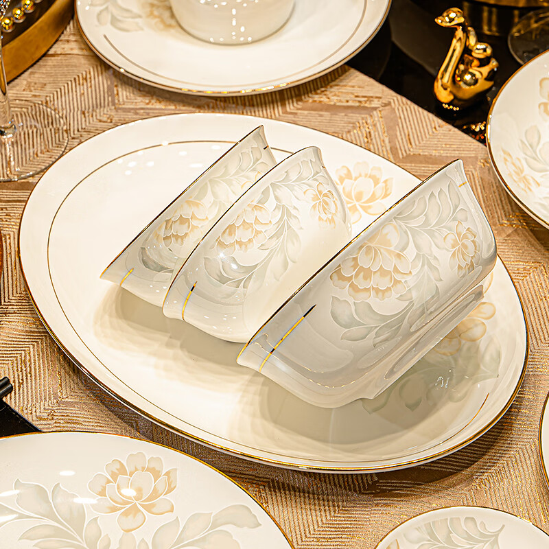 Yanlai Jingdezhen Ceramic Bowl Set Household Bowl Set Light Luxury Tableware Set Chinese Style Phnom Penh Housewarming Bowls and Chopsticks One Season Flowers Bloom 56 Prince Gold Edition Gift Box