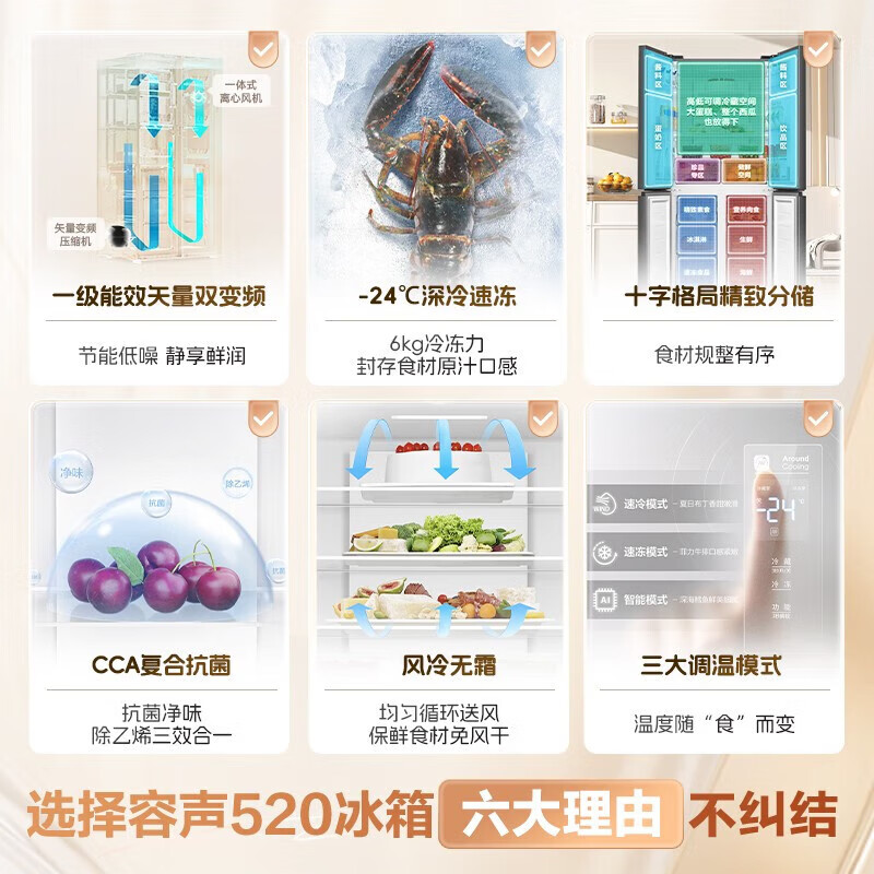 Rongsheng 520L cross-door four-door refrigerator ultra-thin large-capacity household first-class energy efficiency dual-frequency air-cooled frost-free BCD-520WD12FP gray national subsidy trade-in large-capacity dual-frequency CCA antibacterial odor