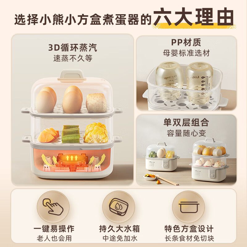 Bear egg cooker, egg steamer, multifunctional mini electric steamer for 2-3 people, single and double layer breakfast artifact egg custard all-in-one machine for one person ZDQ-D12R3