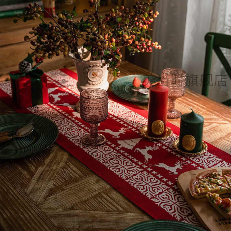 Chuangjingyi selected table flag cloth long Christmas tablecloth table decoration cloth American light luxury high sense retro sideboard coffee table cover cloth Christmas Park-Green 35*260cm (table length 180-210cm optional)