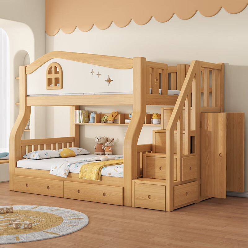St. Burton all solid wood bunk bed, adult high and low bunk bunk bed, upper and lower bunk bed, two-story wooden bed, small apartment children's bed, straight ladder type, upper 110 and lower 130 (cherry wood)