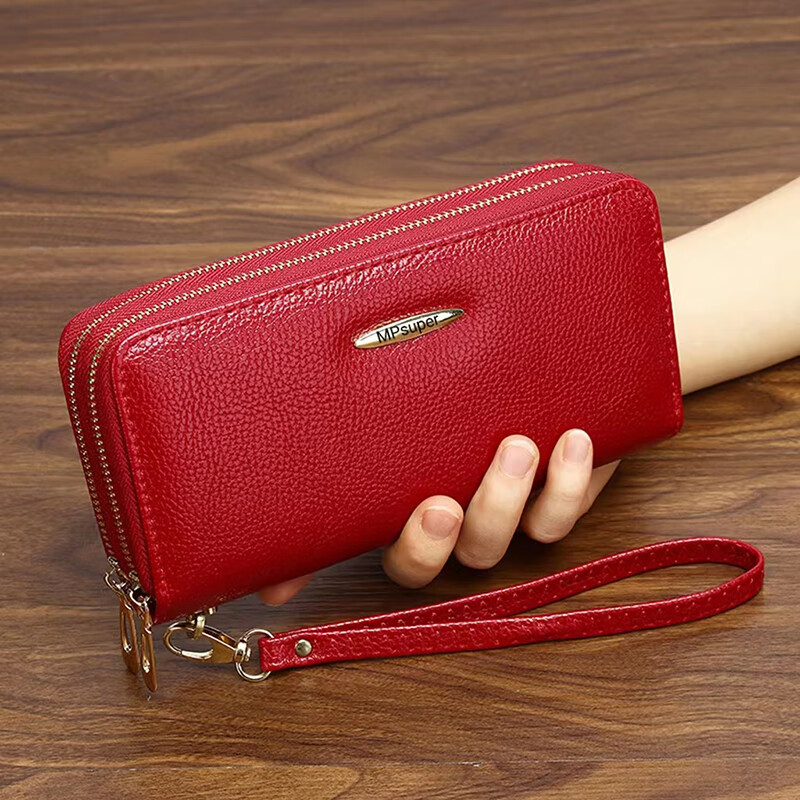 Kuqi Kangaroo Double Zipper Wallet 2025 Chinese Valentine's Day Clutch Women's Long Zipper Wallet Large Capacity Korean Card Holder Coin Purse 0015#Zoran Red With Wrist + Concealed Compartment + Card Slot