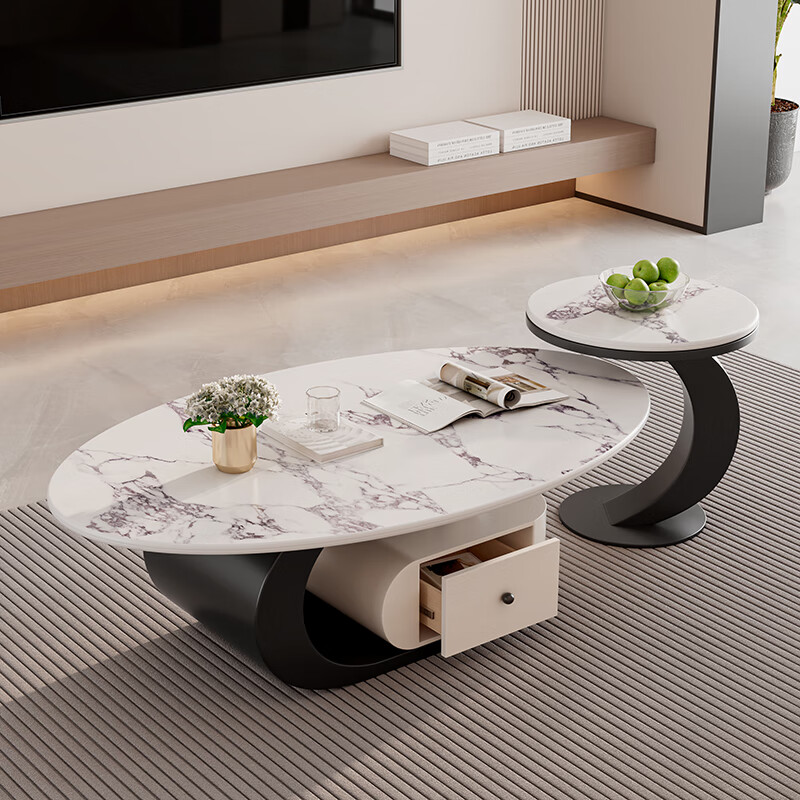 Yuelun Italian light luxury microcrystalline stone slate coffee table simple and modern 2025 new home living room small apartment high-end coffee table black frame + white drawer 120+50 (swan white)