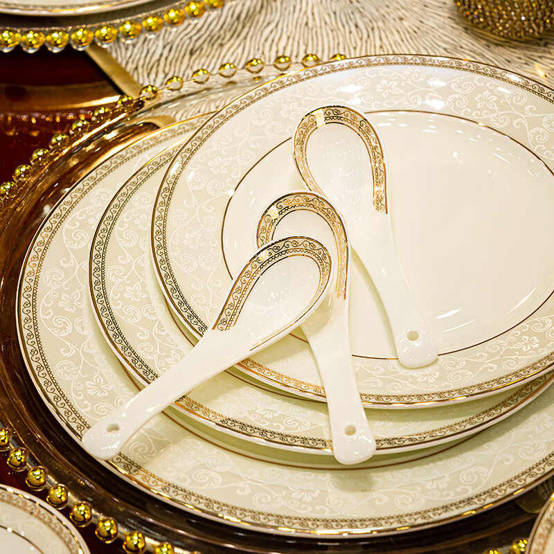 Jingqiu high temperature underglaze color bowl and plate set household European style Jingdezhen high-end bone china tableware complete set of bowl and plate set for housewarming underglaze color small qualification transfer 10 people suitcase 60 pieces