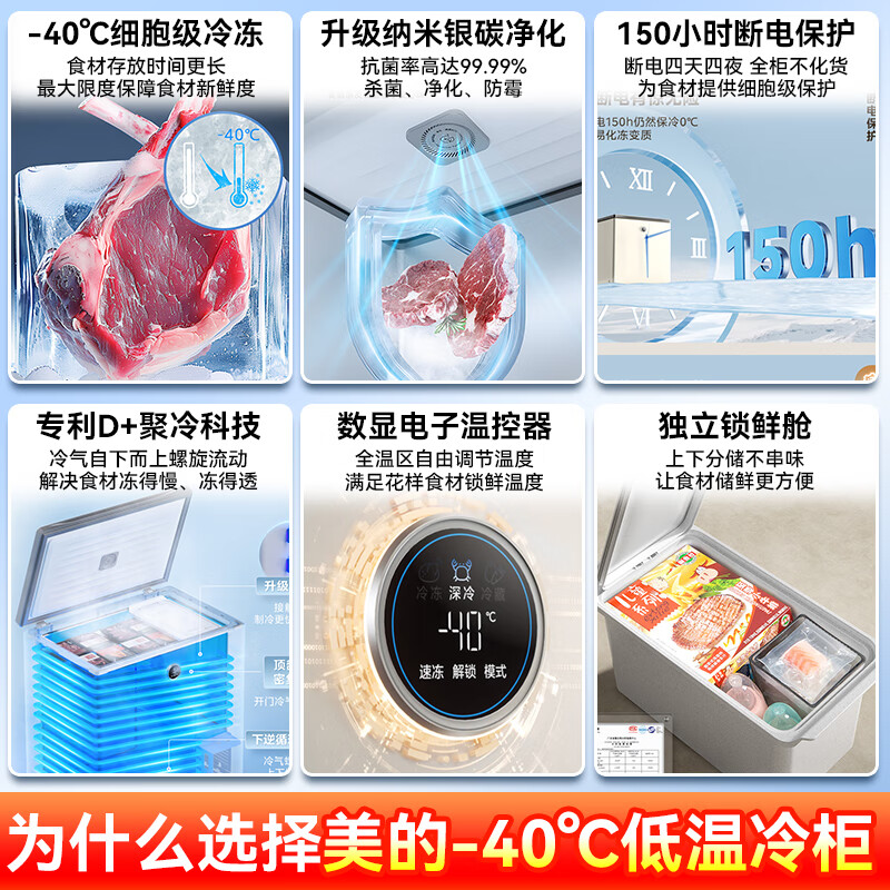 Midea automatic frost reduction household small freezer 200 liters first-level energy efficiency horizontal refrigeration freezer commercial large capacity ultra-low temperature -30 cryogenic quick-frozen seafood cabinet 100L frost reduction and antibacterial / -40 quick freezing / 100KGPM