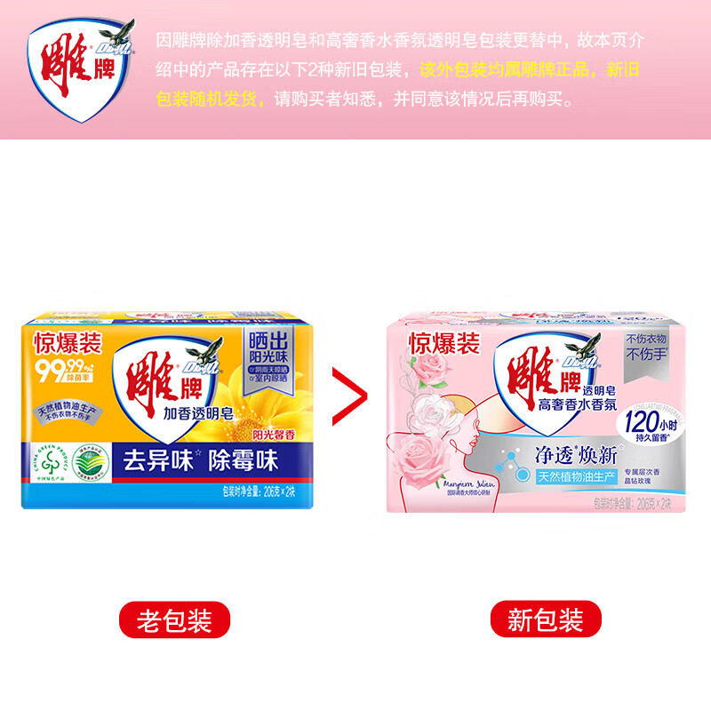 Diaopai High Luxury Perfume Fragrance Transparent Soap Rose Fragrance 206g*2 pieces*24 sets, effective sterilization, long-lasting fragrance