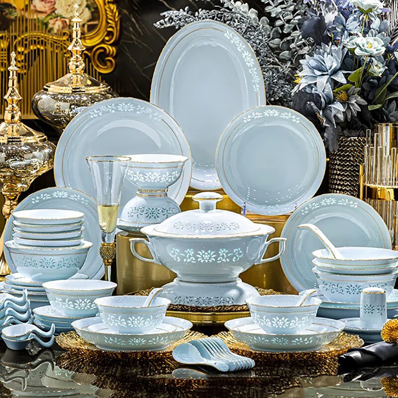 Moyu Jingdezhen original mine glazed kaolin 1380 celadon exquisite tableware complete bowl and plate set household dishes housewarming gold edge celadon exquisite underglaze color leather case 70 pieces