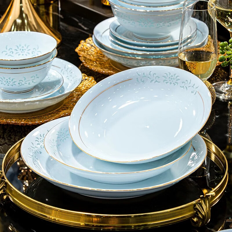 Moyu Jingdezhen original mine glazed kaolin 1380 celadon exquisite tableware complete bowl and plate set household dishes housewarming gold edge celadon exquisite underglaze color leather case 70 pieces