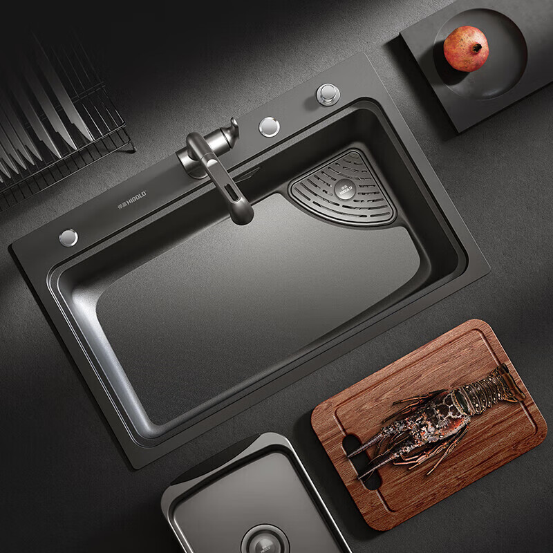 Higold kitchen sink 75*48 large single tank 304 stainless steel nano multi-functional sink Raindance waterfall handmade tank 750*480 matte black (bare tank)