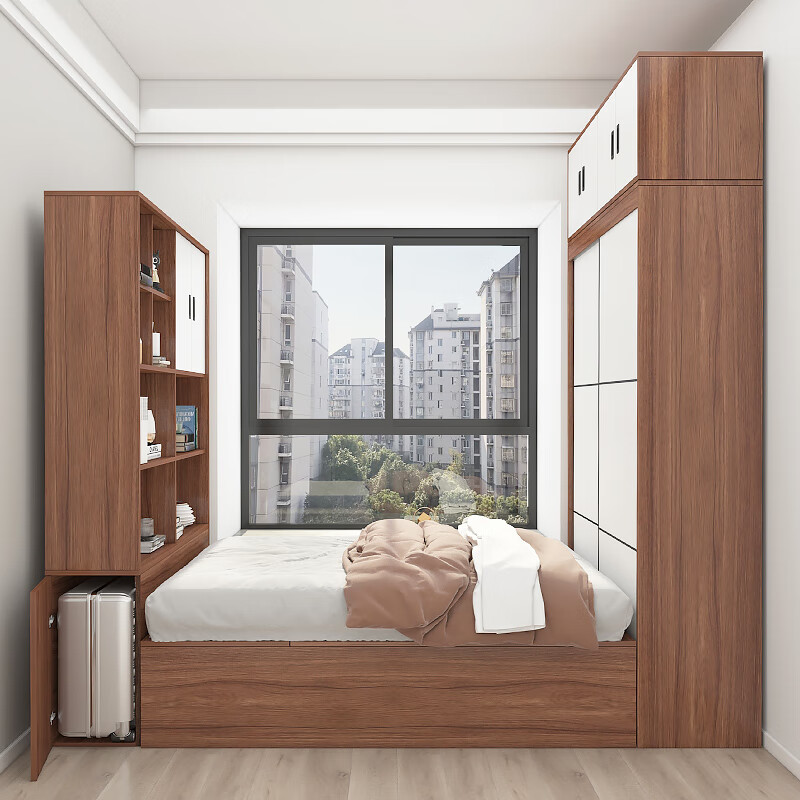 Pingzi set tatami wardrobe integrated bed bedroom furniture storage bookcase wardrobe bed box ENF grade paint-free board customization embossed walnut color 1.5m tatami + bookshelf cabinet + wardrobe