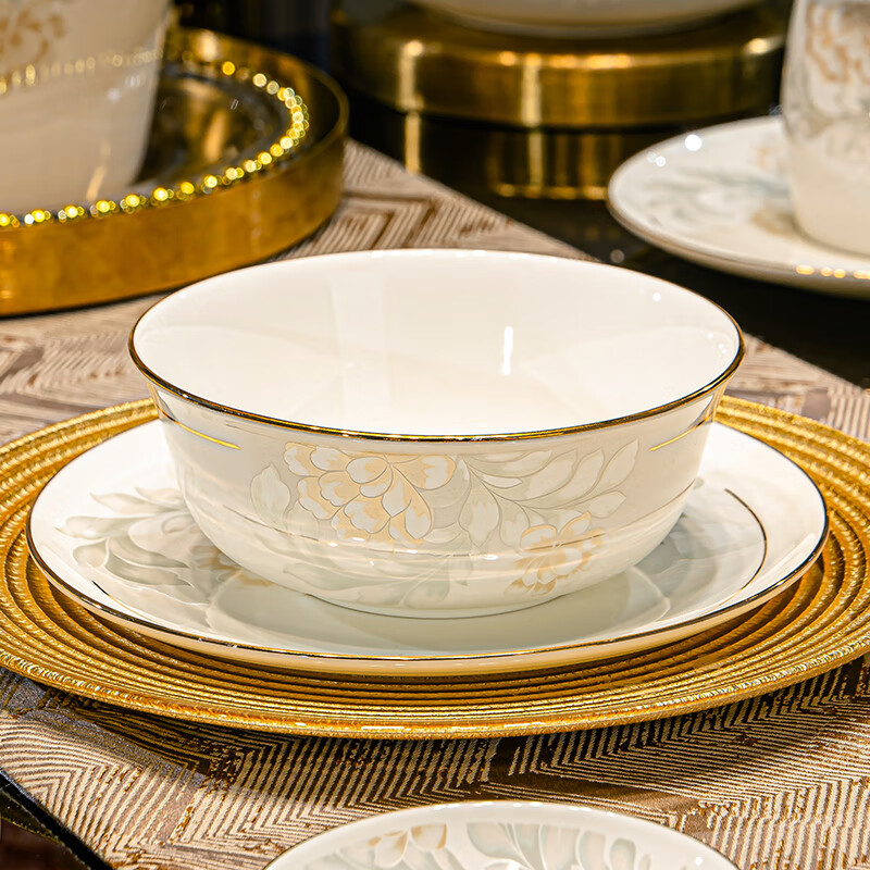 Yanlai Jingdezhen Ceramic Bowl Set Household Bowl Set Light Luxury Tableware Set Chinese Style Phnom Penh Housewarming Bowls and Chopsticks One Season Flowers Bloom 56 Prince Gold Edition Gift Box