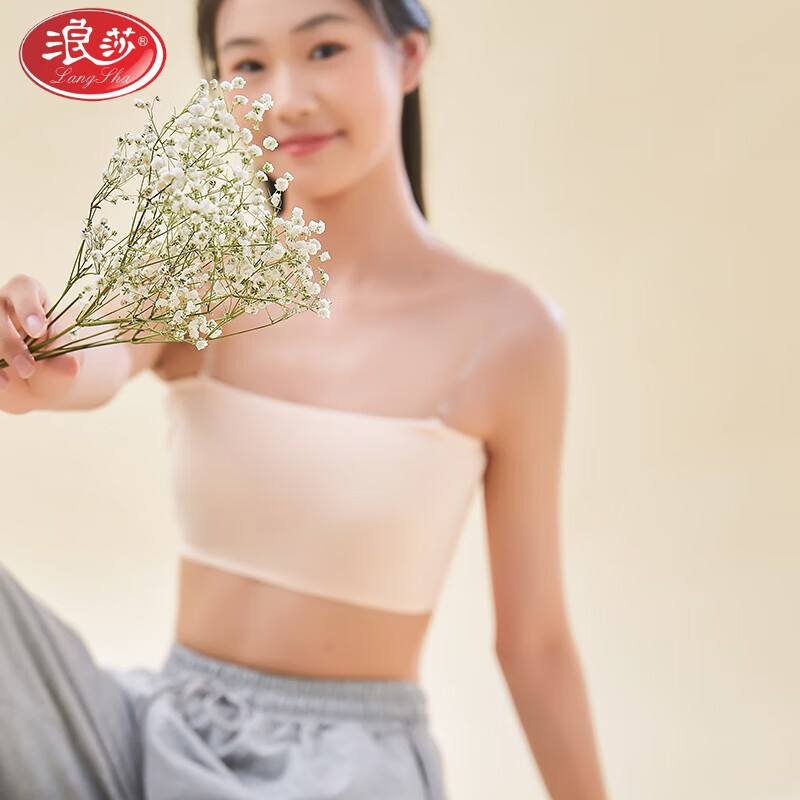 LangSha strapless underwear for women with transparent shoulder straps, junior high school students and high school students, anti-exposure, traceless tube top, small chest, thin style, white, 1 pair of transparent shoulder straps, no buckle on the back, S size 70-85 catties