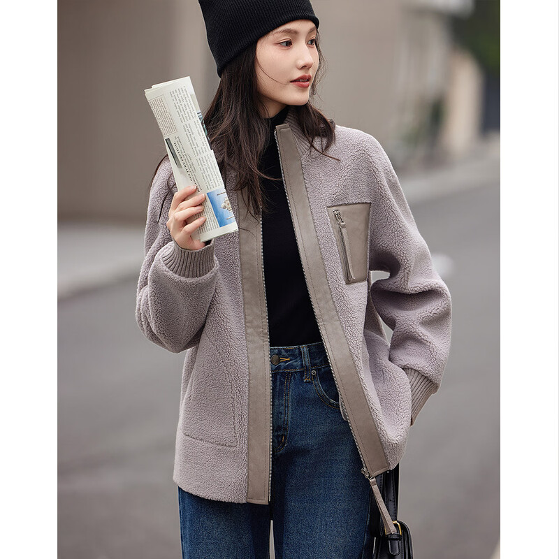 Demana Fashionable Urban Winter Casual Stand Collar Loose Patch Pocket Imitation Shearling Jacket Women's Short Smoke Gray M