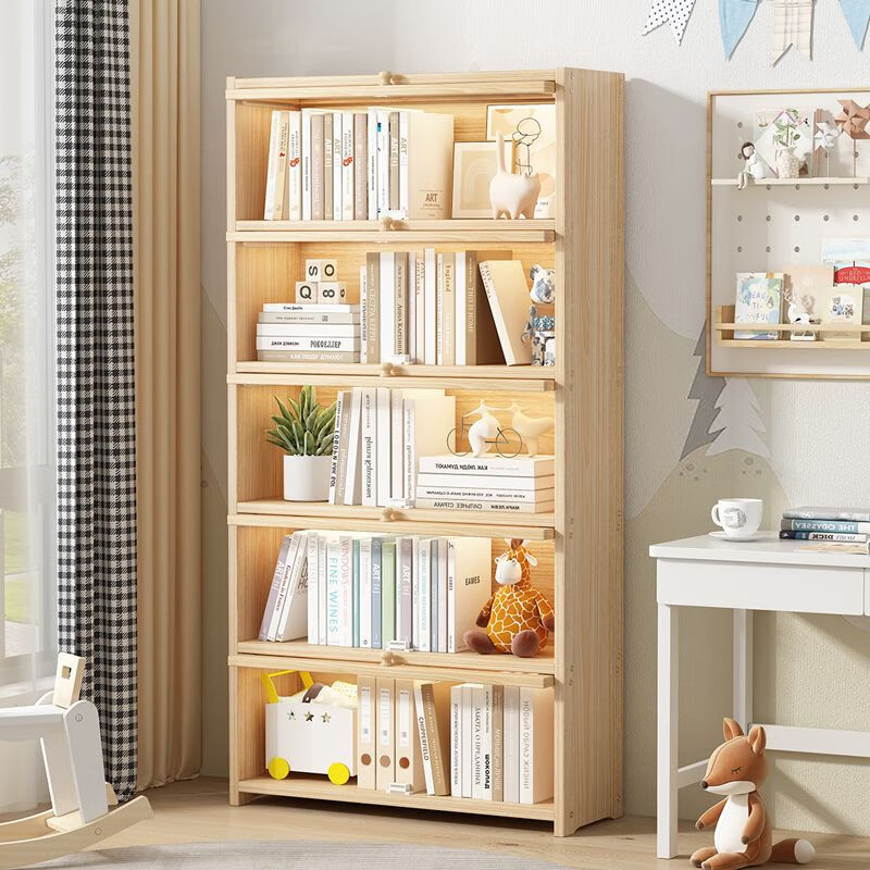 Moridi pine bookcase with flip-up transparent door student book storage cabinet multi-layer floor-to-ceiling solid wood bookshelf toy storage cabinet unpainted pine healthy solid wood bookcase five-layer 80 long flip door design