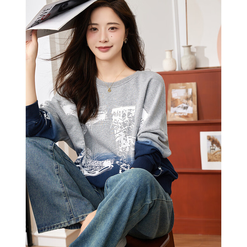 Demana Fashionable Gradient Casual Sweatshirt Spring and Autumn Cotton Round Neck Loose Slightly Elastic Sweatshirt Women's Top Heather Gray XL