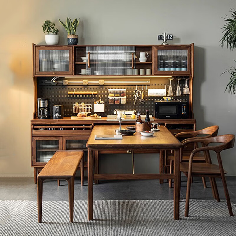 Three furniture solid wood sideboard and dining table integrated North American black walnut high cabinet with built-in table wine cabinet cabinet multi-function 210cm sideboard (North American black walnut)