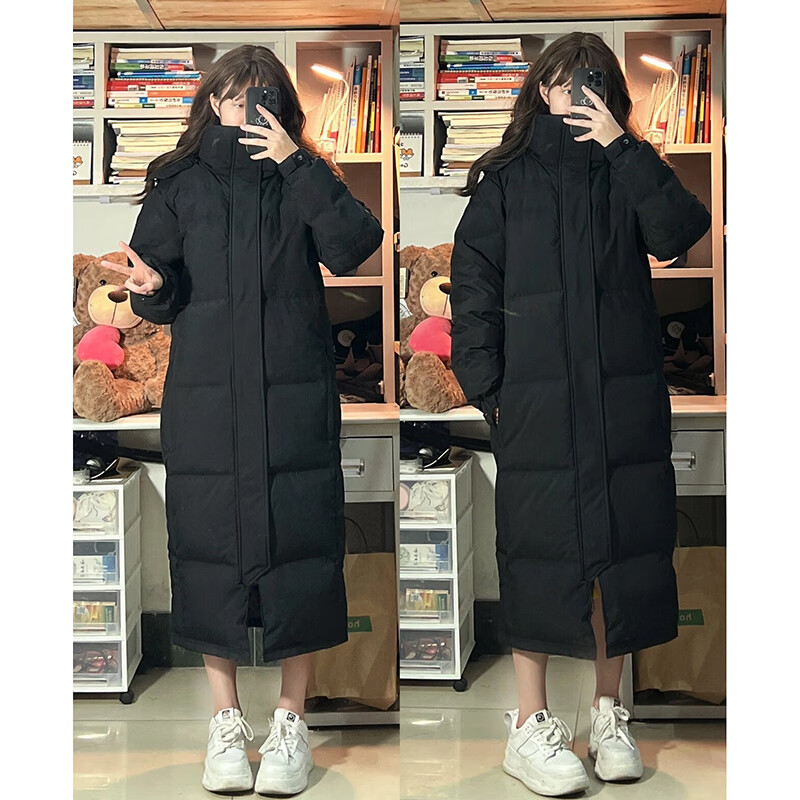 GARNUO Chinese drama same style down jacket for women mid-length knee-length hooded 2025 new winter white duck down thickened black jacket black S 80-100 catties
