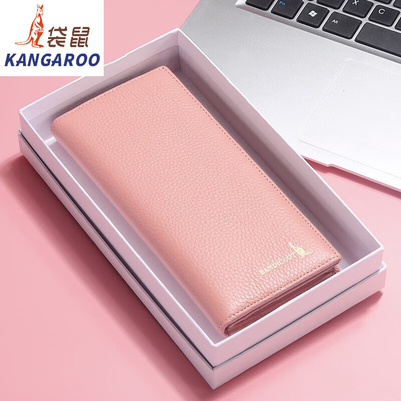 Kangaroo (KANGAROO) carefully selected quality wallet women's long genuine leather 2024 new student wallet Xiaoqing Korean first layer cowhide clip thin pink (thick version)