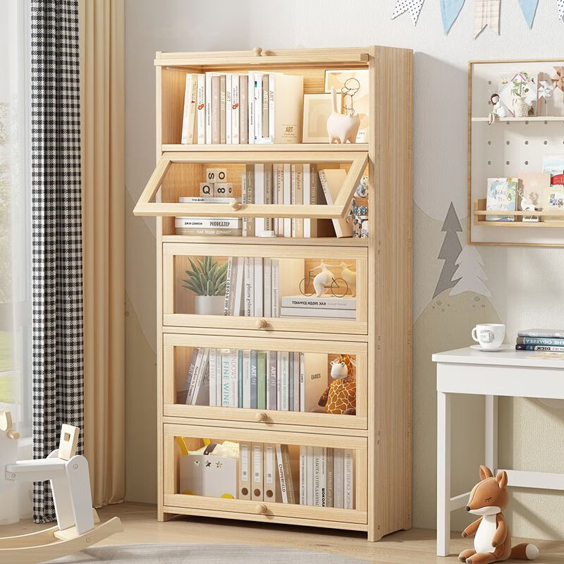 Moridi pine bookcase with flip-up transparent door student book storage cabinet multi-layer floor-to-ceiling solid wood bookshelf toy storage cabinet unpainted pine healthy solid wood bookcase five-layer 80 long flip door design