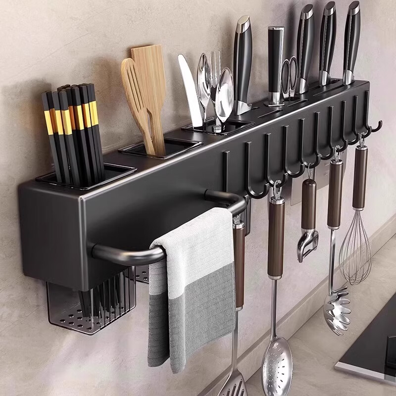 Knife holder wall-mounted punch-free kitchen supplies multi-functional kitchen knife storage rack knife and chopstick barrel integrated storage rack gun gray 60CM three chopstick barrels + 10 hooks