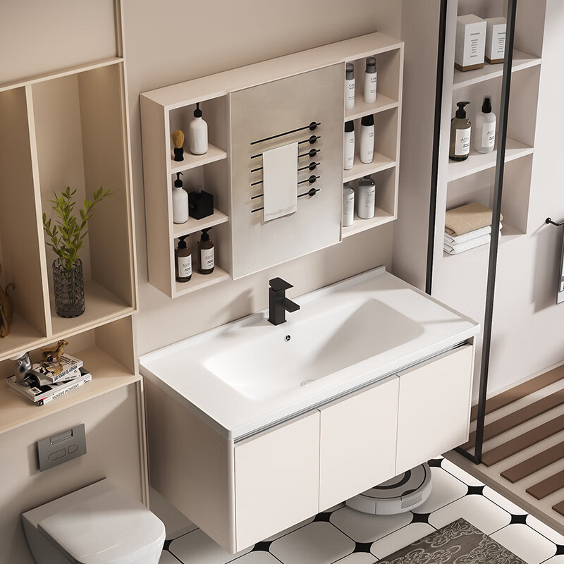 MUlisi thickened honeycomb aluminum bathroom cabinet combination intelligent integrated ceramic basin bathroom cabinet washstand bathroom washbasin cabinet 60*40 khaki + ceramic basin + mirror cabinet