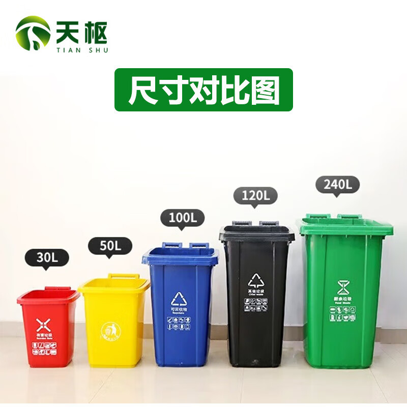 Tianshu trash can large 240 liters large capacity commercial hotel property outdoor outdoor sanitation hanging vehicle classification with cover wheeled peel box black other garbage