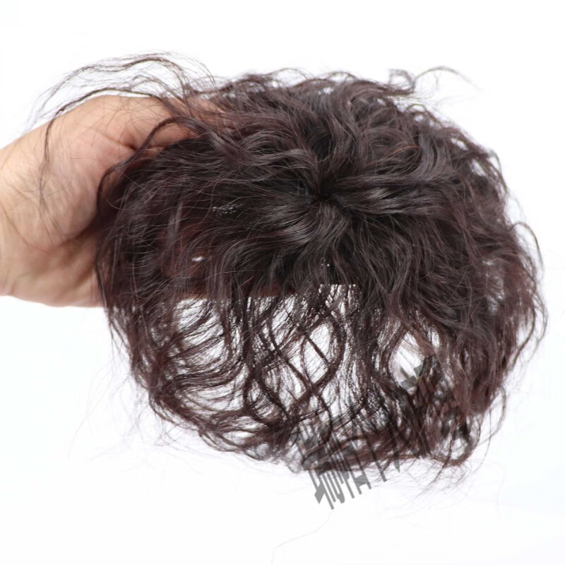 Top of head replacement hair patch for women to cover gray hair, thin and light hair growth, real hair, chemical fiber high temperature silk hair cover, wig piece, corn perm, curly hair, real hair-A2025, dark brown