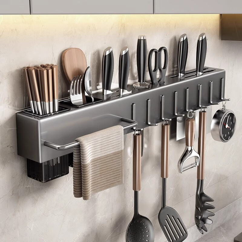 Knife holder wall-mounted punch-free kitchen supplies multi-functional kitchen knife storage rack knife and chopstick barrel integrated storage rack gun gray 60CM three chopstick barrels + 10 hooks