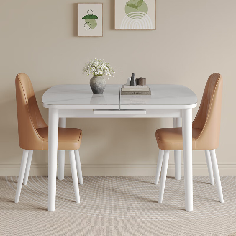 Jiajiamei cream style white glass table top simple retractable small apartment explosion-proof glass dining table and chair combination folding retractable table retractable dining table (upgraded model) rubber wood 70cm *90cm *75cm