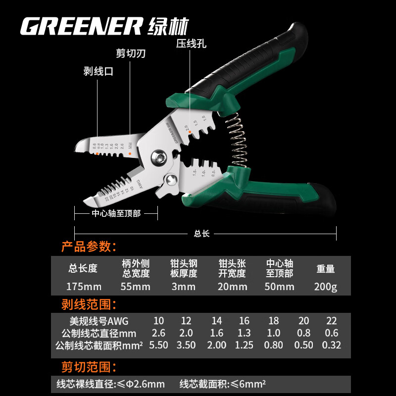 GREENER wire stripping pliers, special tools for electricians, multifunctional household fiber optic cable pulling and cutting pliers, cable scissors, wire stripping pliers, wire crimping pliers