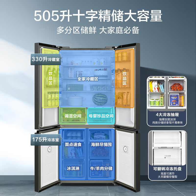 Midea 531 cross-door refrigerator dual system dual cycle purification and preservation large capacity three-speed variable temperature first-level energy efficiency air-cooled frost-free trade-in MR-531WSPZE national subsidy