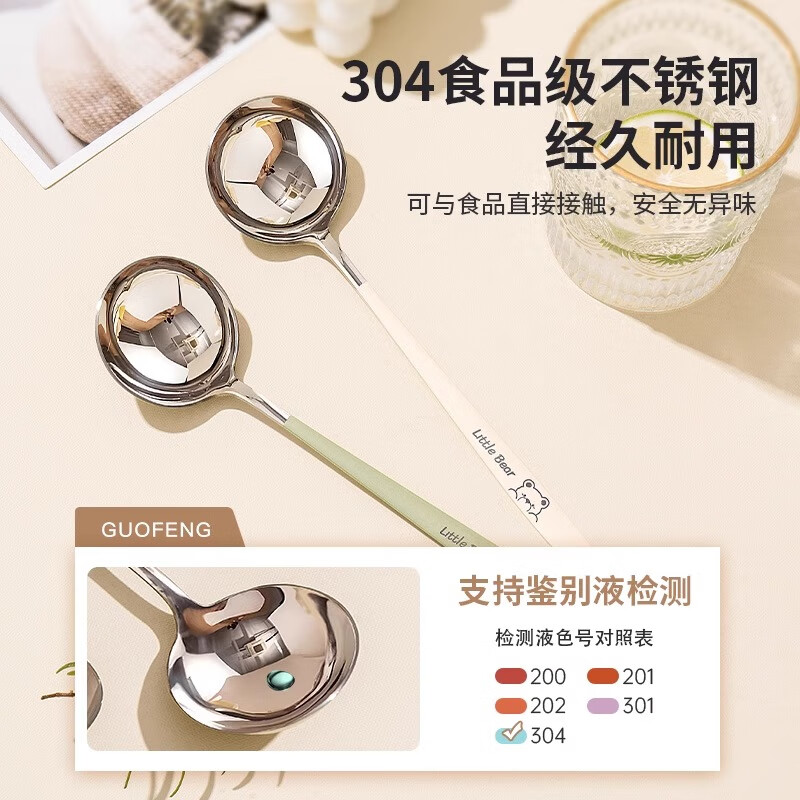 Guofeng 304 stainless steel soup spoon household long handle spoon large dessert spoon 304 avocado color large round spoon 2 pieces