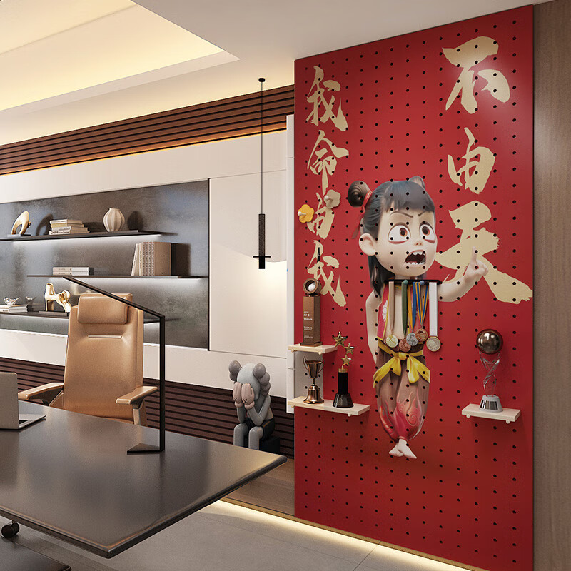 Chinese modern style entry door hole board storage rack customized to block the entrance creative solid wood color Nezha illustration into multi-grid layer board customization/square