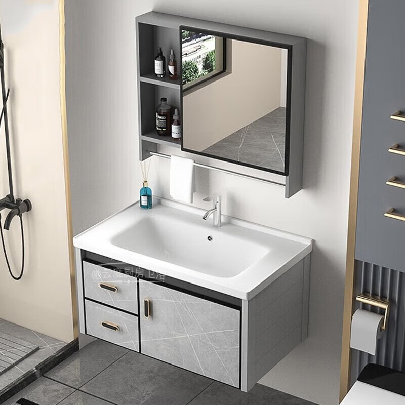 Door-to-door installation wash basin cabinet small apartment bathroom cabinet ceramic integrated basin bathroom wash basin cabinet household double door 60CM ceramic basin